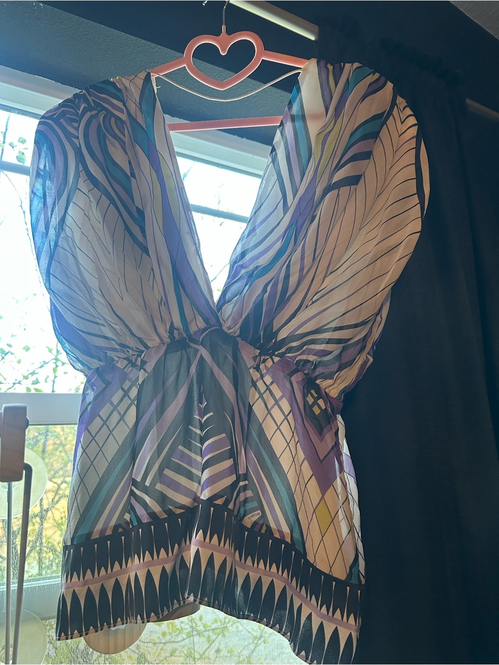 bebe Sheer Printed Blouse in Purple, Teal, Cream, and Black